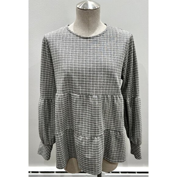 Anthropologie Blue Tassel Windowpane Checkered Top in Gray Size L - Picture 1 of 6
